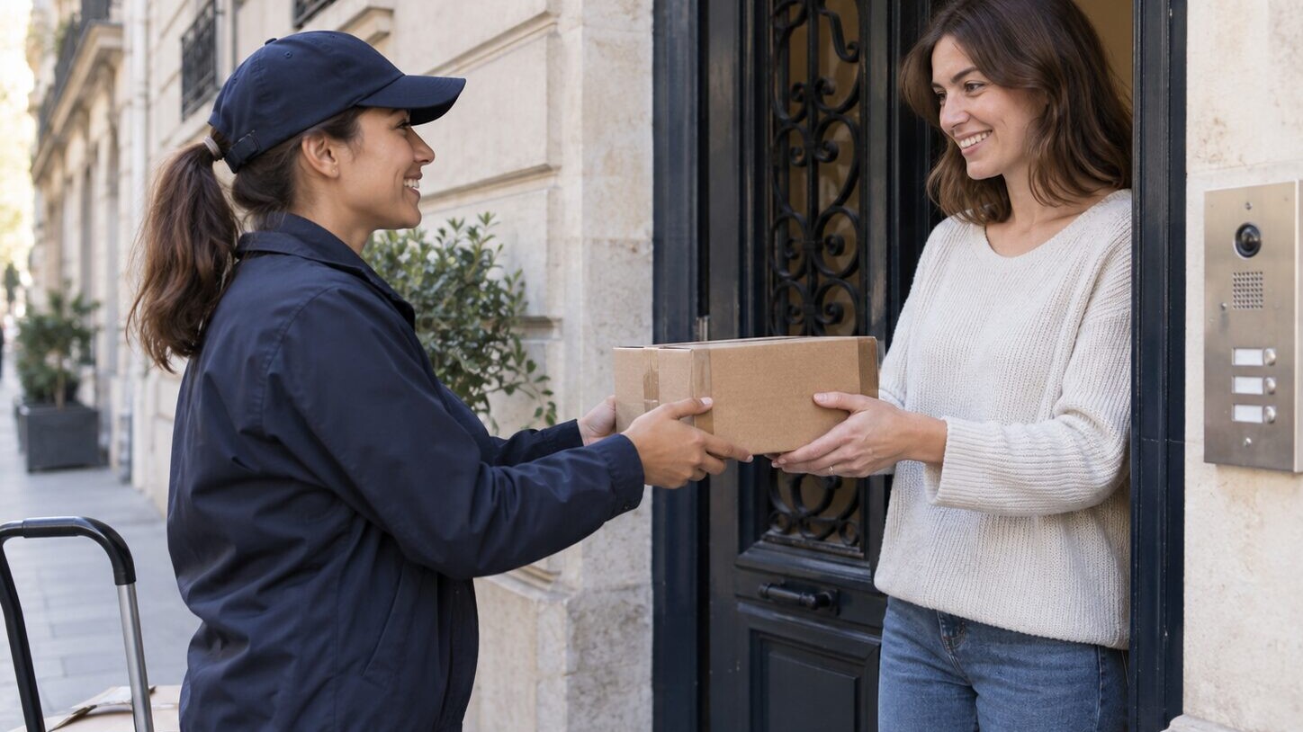 Livreuse remettant un colis à son destinataire après un passage chez un commerçant