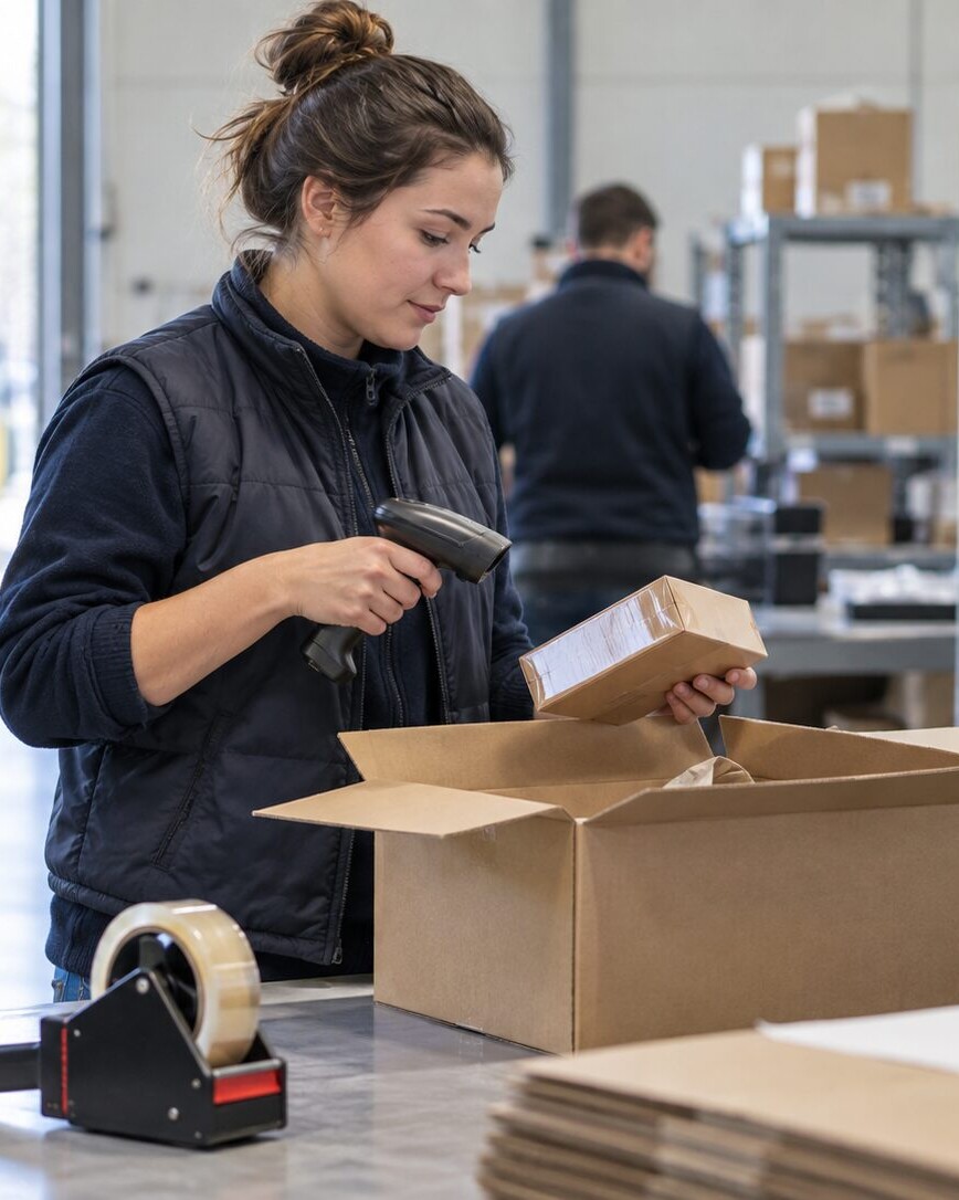 Préparatrice scannant un article avant son expédition et sa distribution