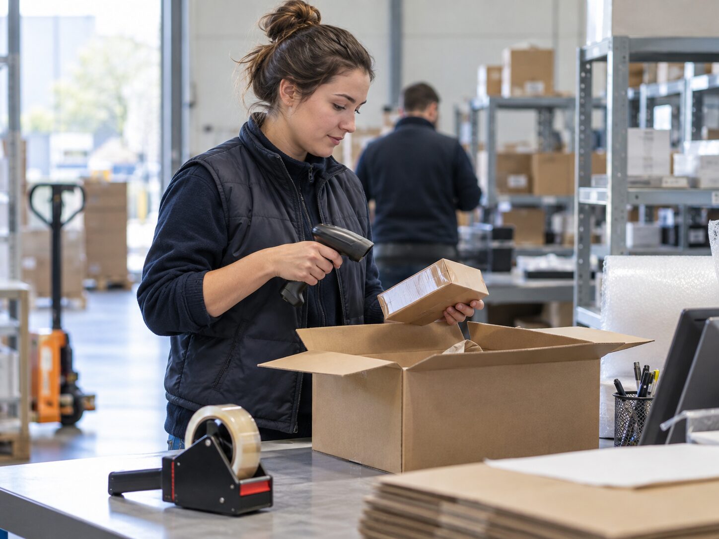 Préparatrice scannant un article avant son expédition et sa distribution