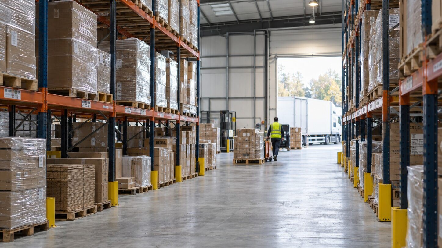 Entrepôt logistique avec rayonnages de palettes