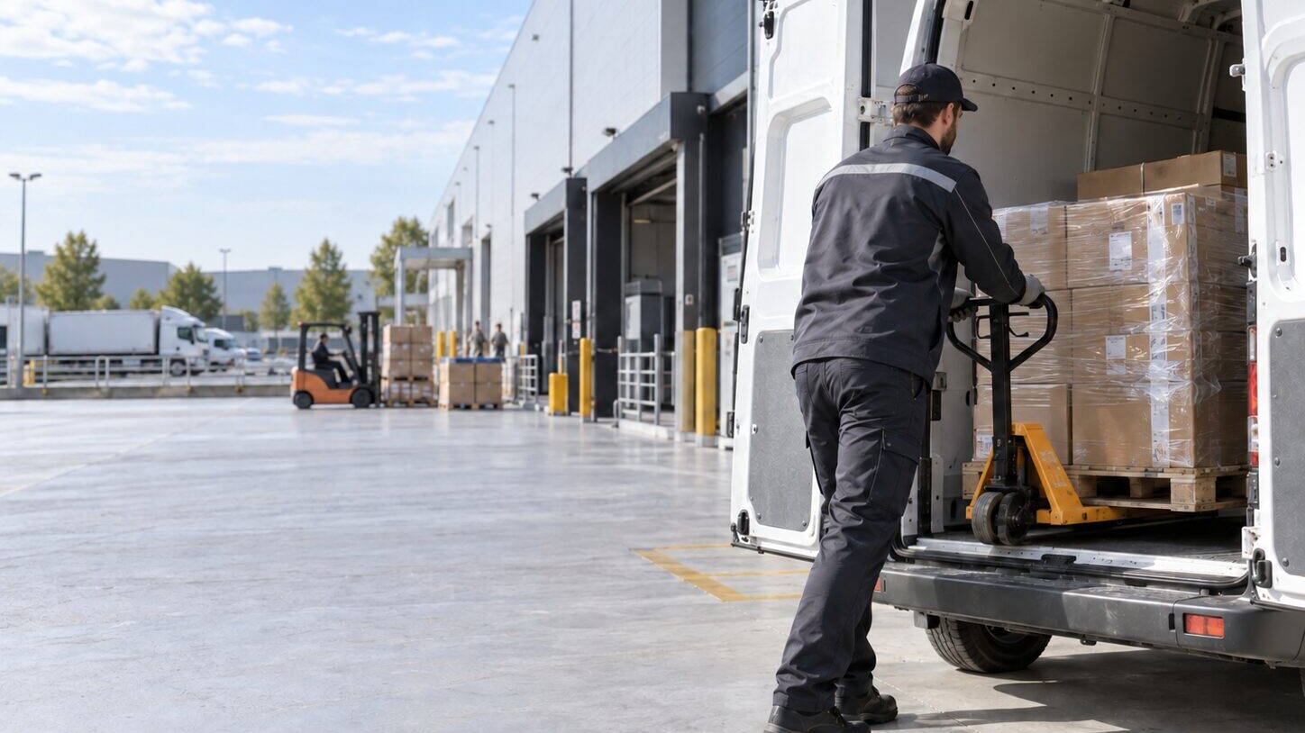 Chauffeur pr&eacute;parant une palette de colis dans un utilitaire sur une plateforme logistique