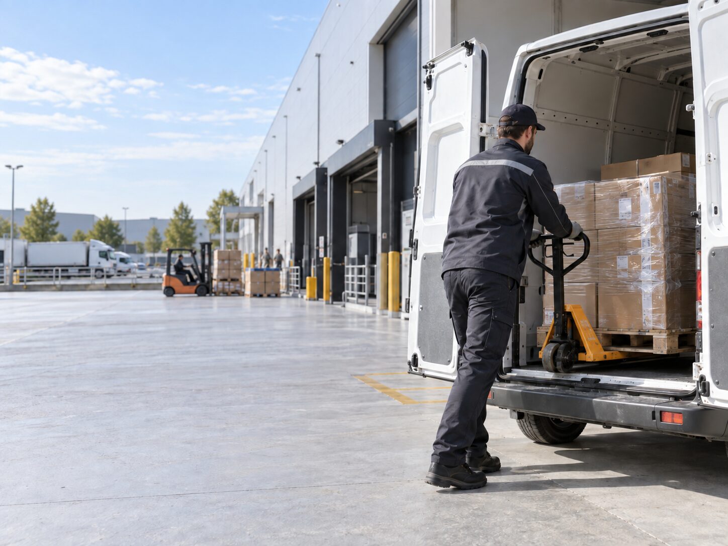 Chauffeur préparant une palette de colis dans un utilitaire sur une plateforme logistique