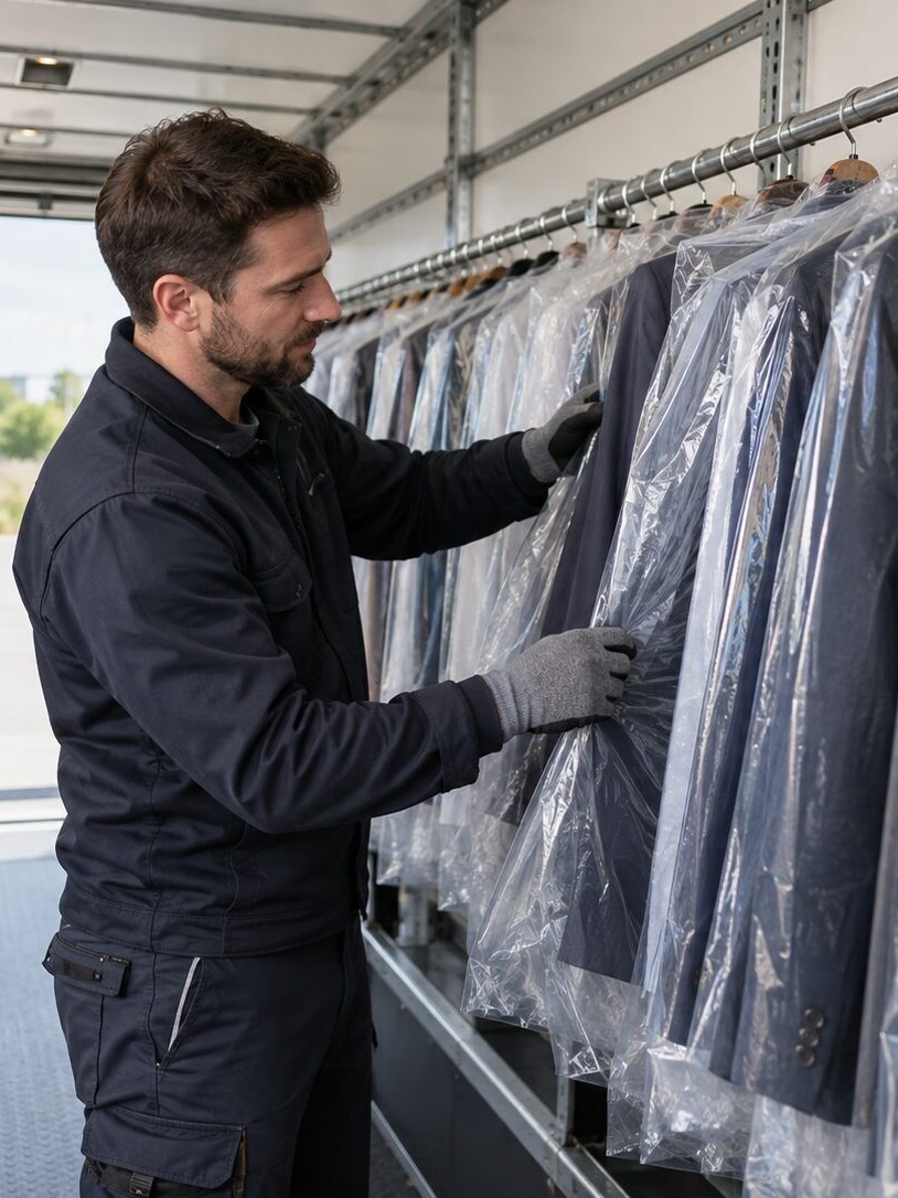 Vêtements sur cintres protégés dans un véhicule de transport suspendu