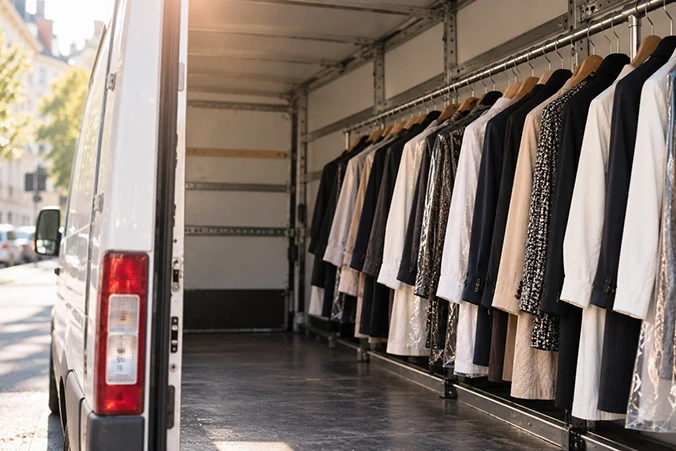 Vêtements sur cintres protégés dans un véhicule de transport suspendu