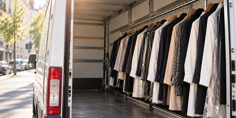 Vêtements sur cintres protégés dans un véhicule de transport suspendu